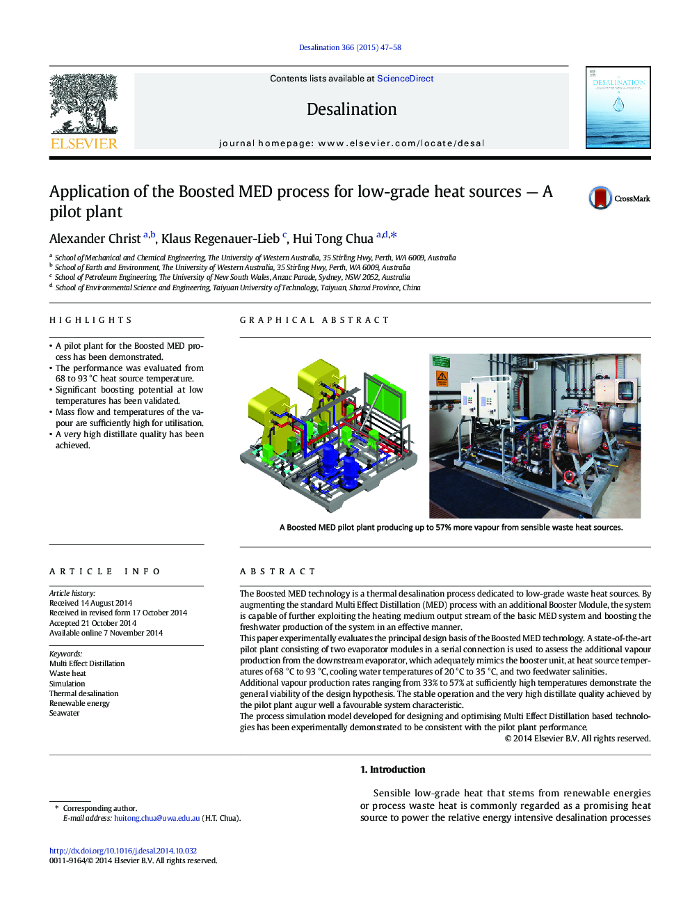 Application of the Boosted MED process for low-grade heat sources — A pilot plant