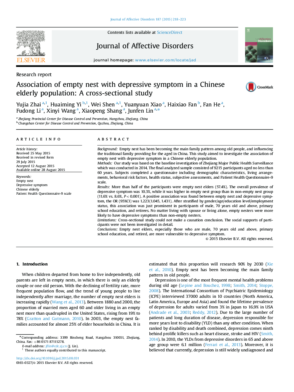 Association of empty nest with depressive symptom in a Chinese elderly population: A cross-sectional study