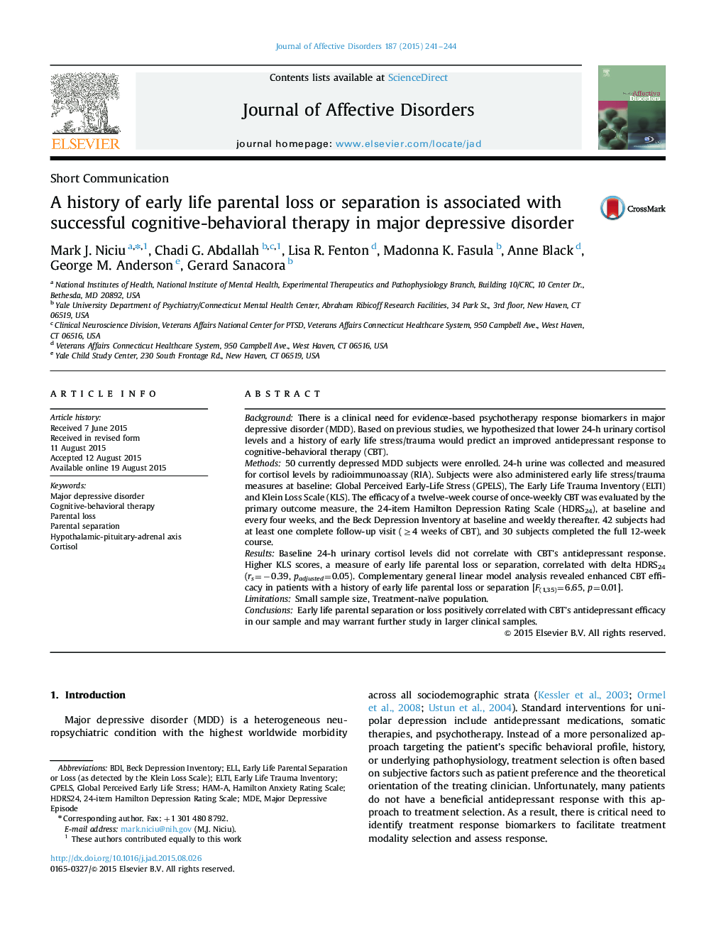 A history of early life parental loss or separation is associated with successful cognitive-behavioral therapy in major depressive disorder