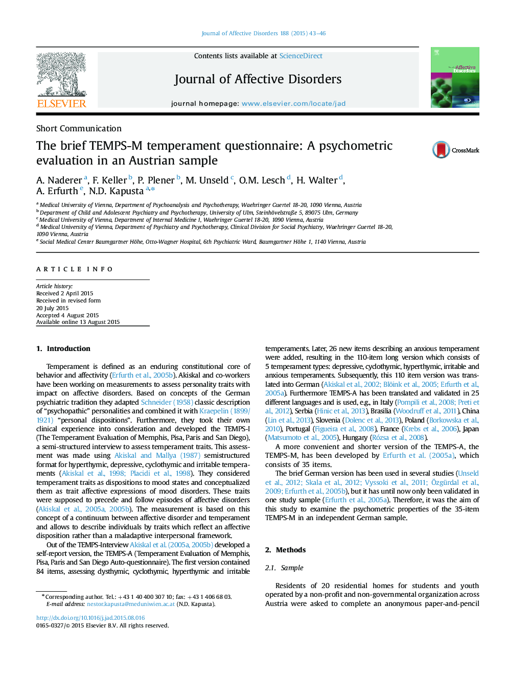 The brief TEMPS-M temperament questionnaire: A psychometric evaluation in an Austrian sample