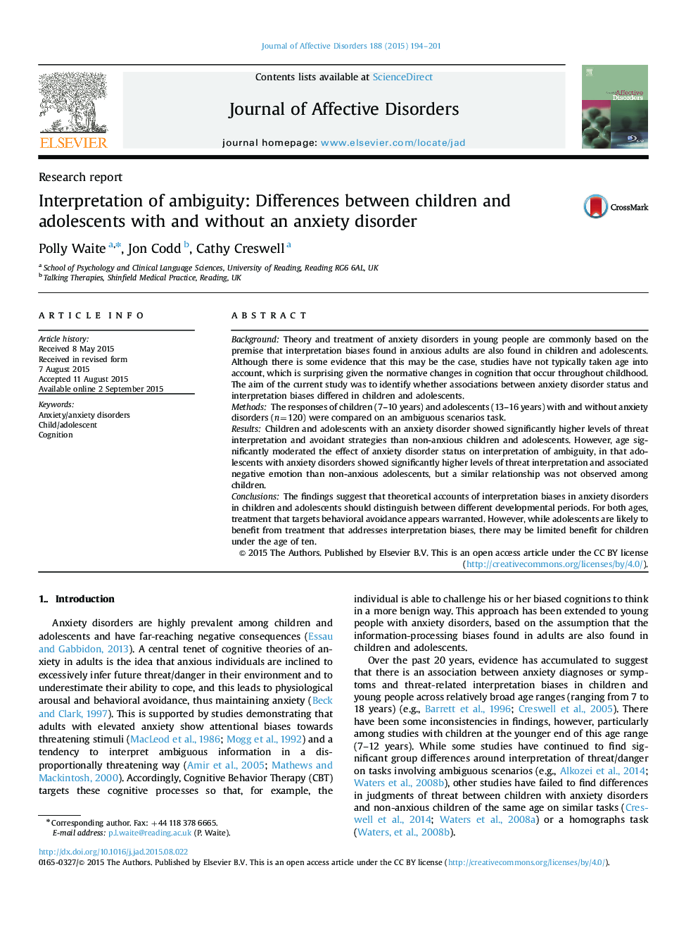 Interpretation of ambiguity: Differences between children and adolescents with and without an anxiety disorder