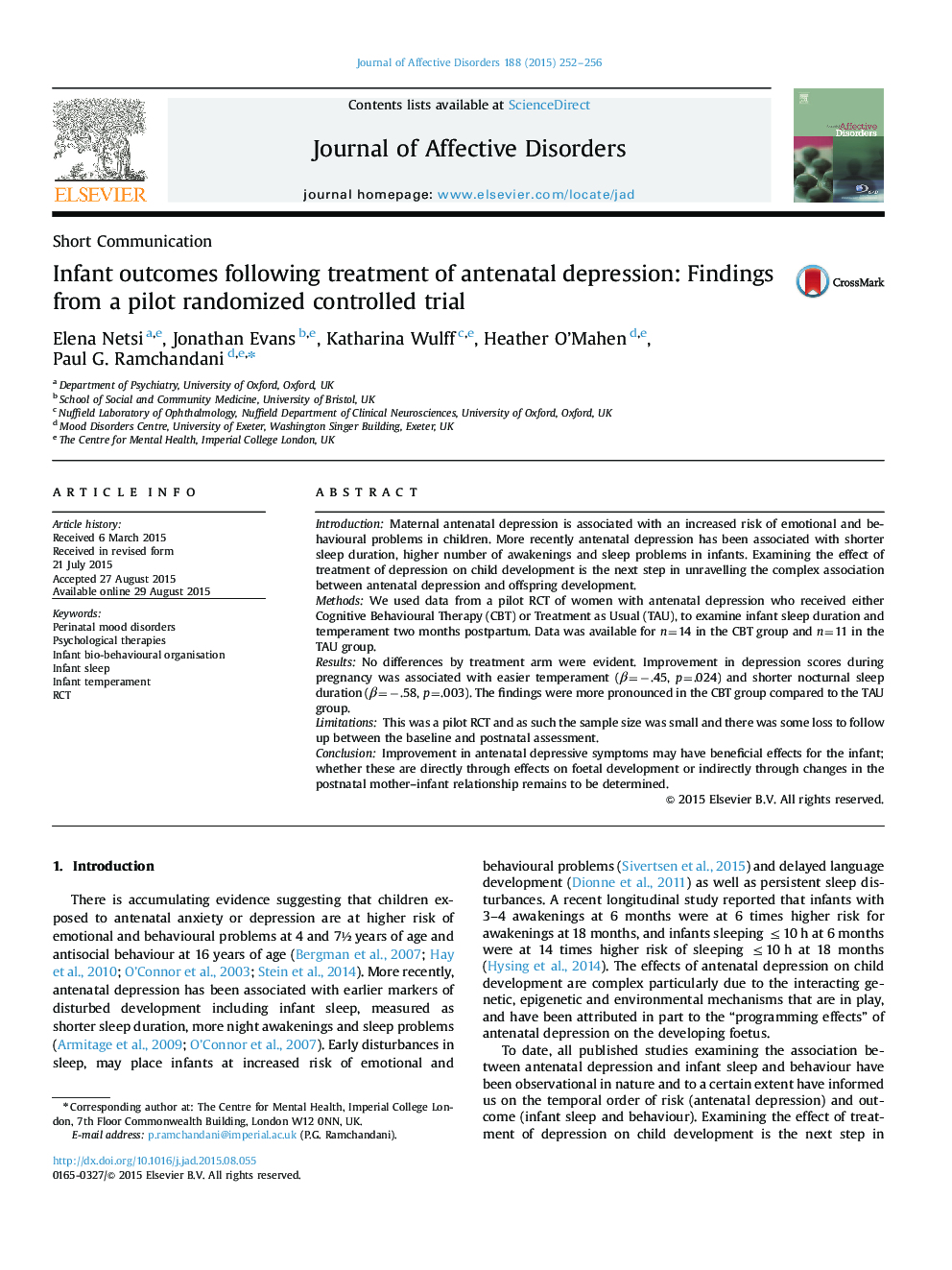 Infant outcomes following treatment of antenatal depression: Findings from a pilot randomized controlled trial