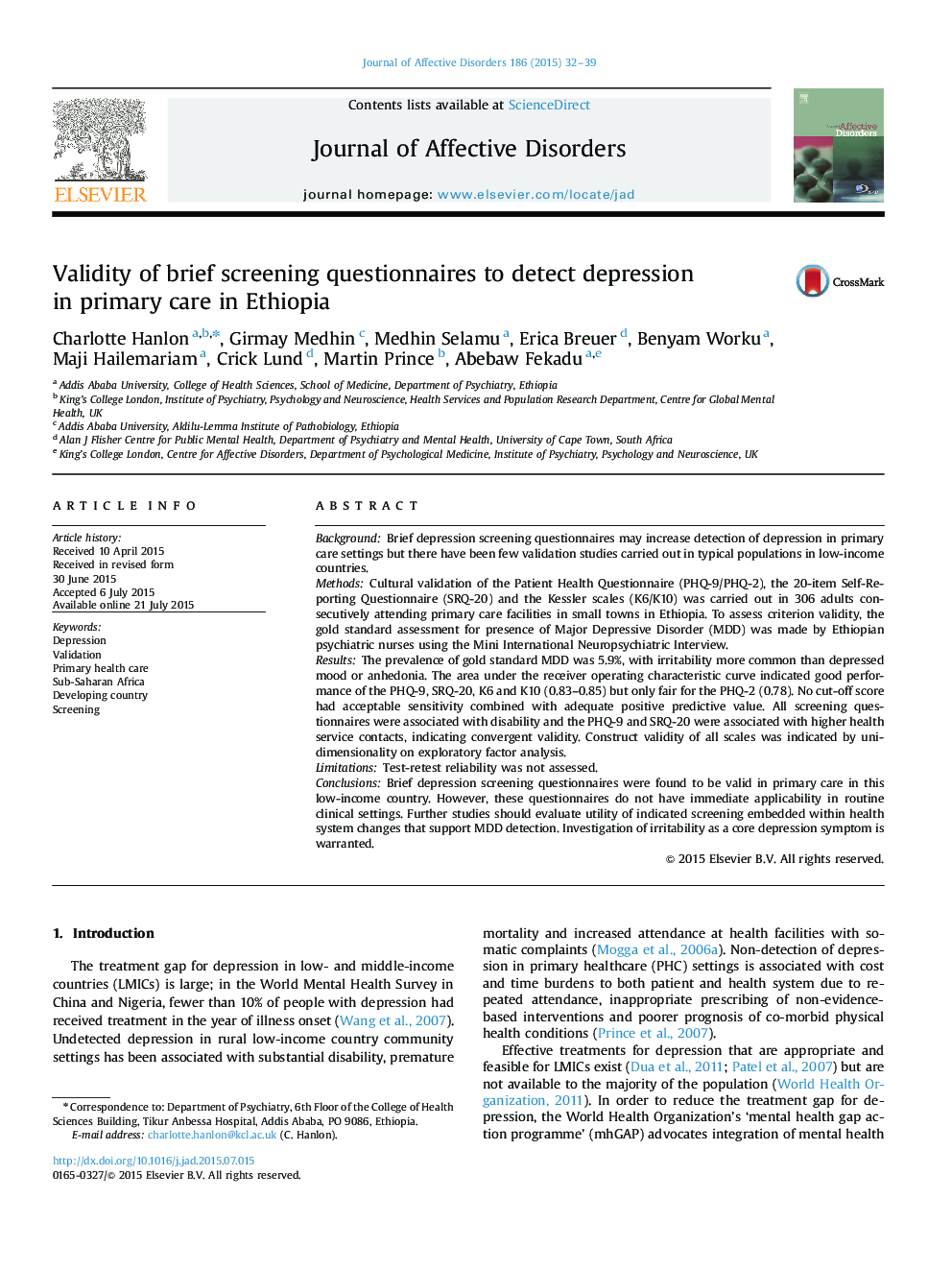 Validity of brief screening questionnaires to detect depression in primary care in Ethiopia