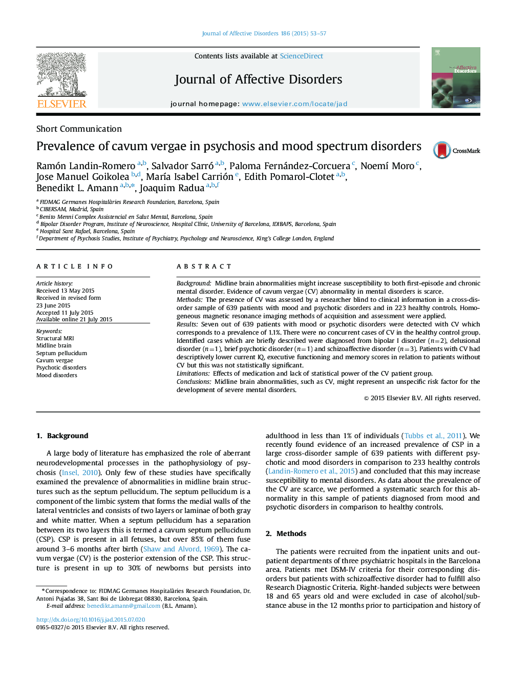 Prevalence of cavum vergae in psychosis and mood spectrum disorders