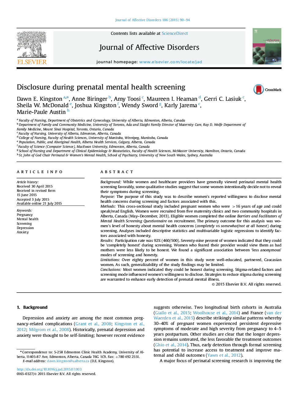 Disclosure during prenatal mental health screening