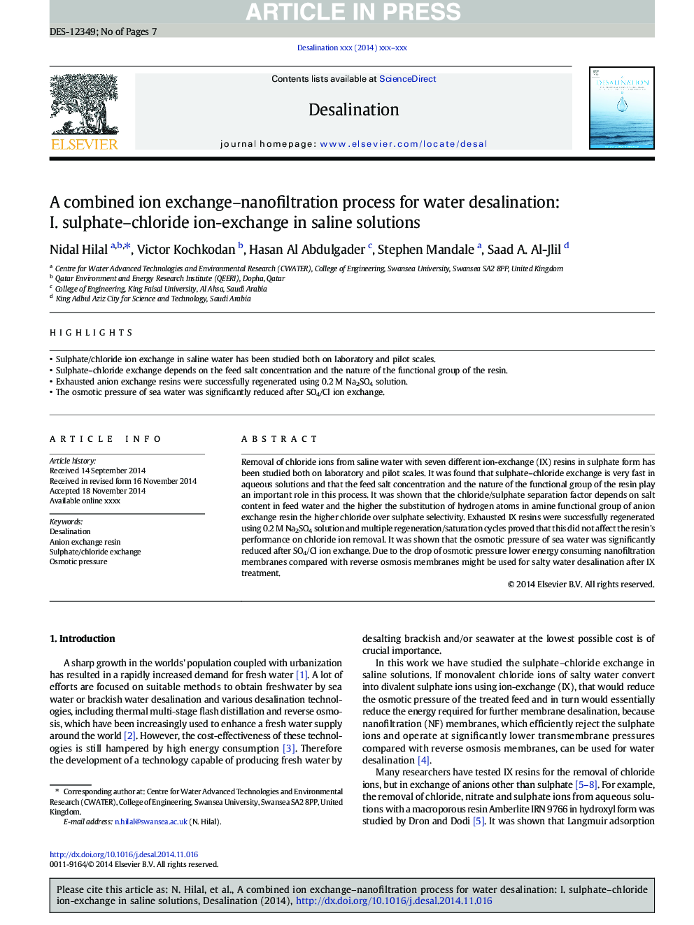 A combined ion exchange-nanofiltration process for water desalination: I. sulphate-chloride ion-exchange in saline solutions