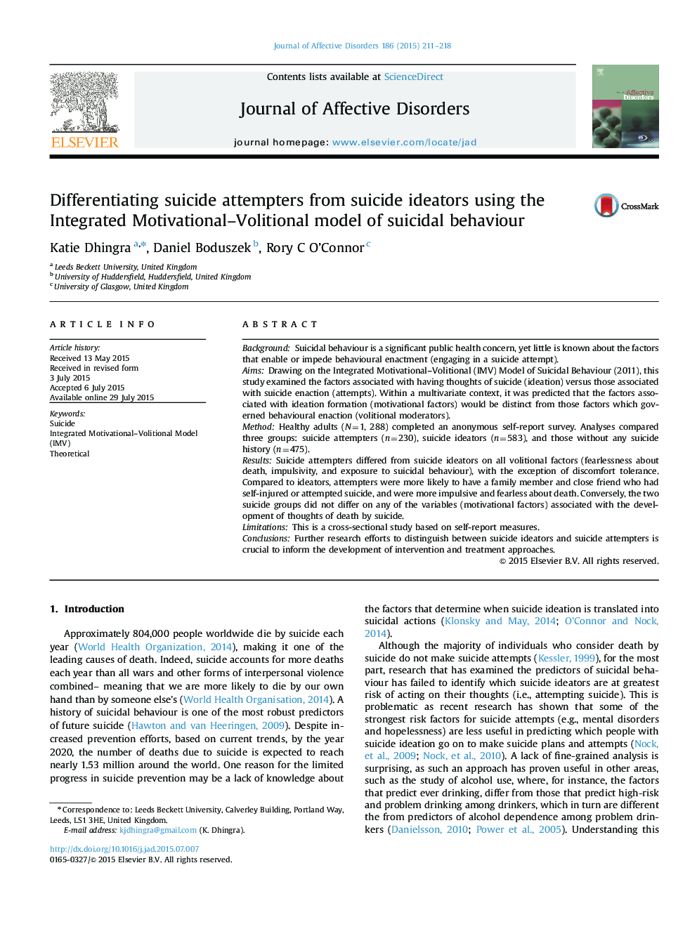 Differentiating suicide attempters from suicide ideators using the Integrated Motivational-Volitional model of suicidal behaviour