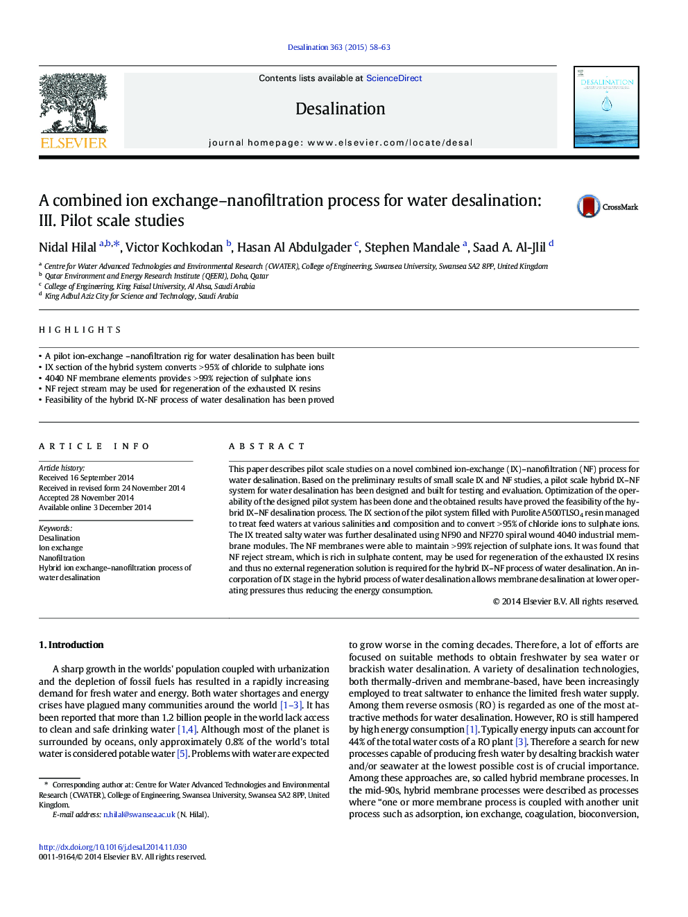 A combined ion exchange–nanofiltration process for water desalination: III. Pilot scale studies