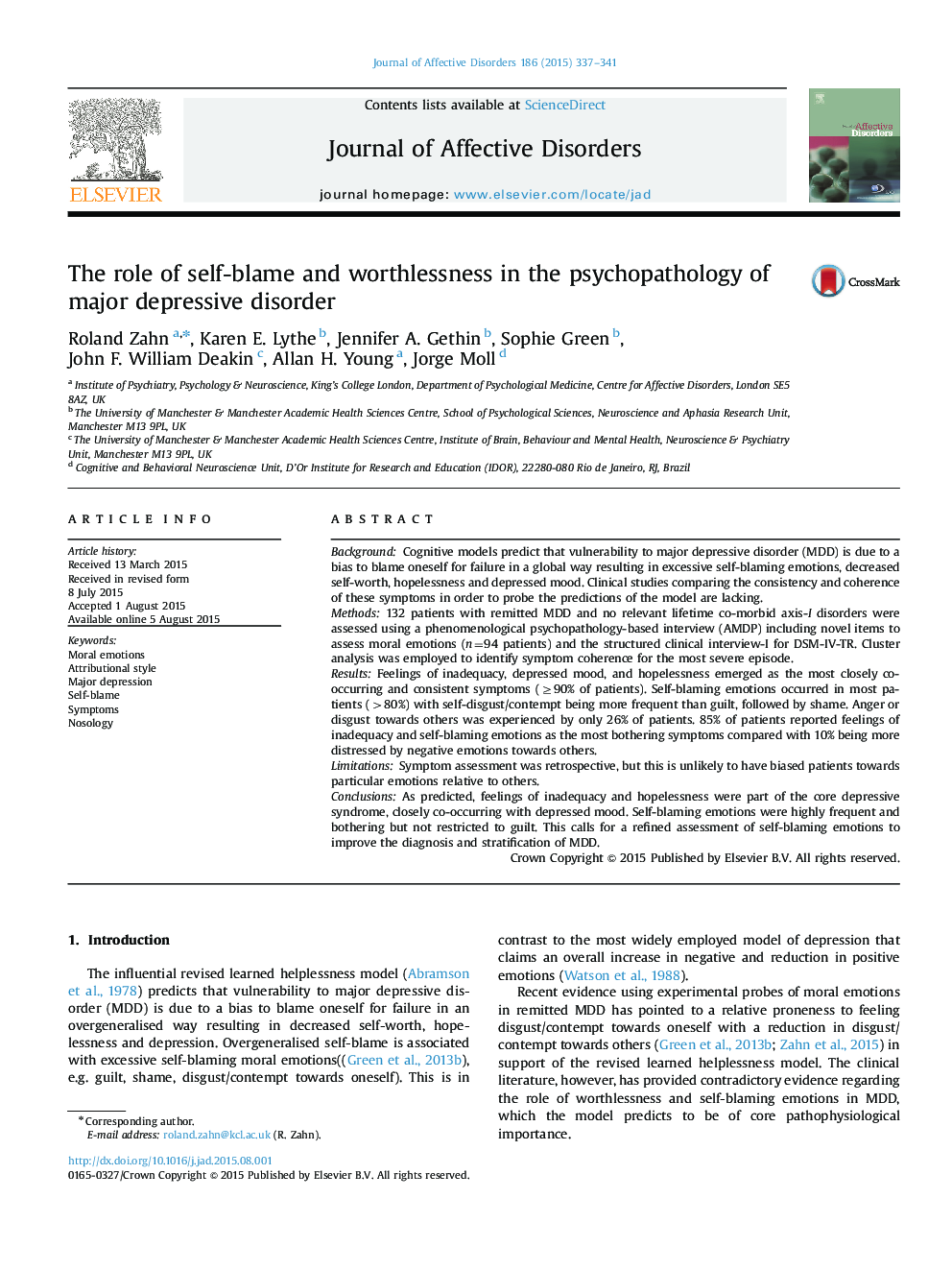 The role of self-blame and worthlessness in the psychopathology of major depressive disorder