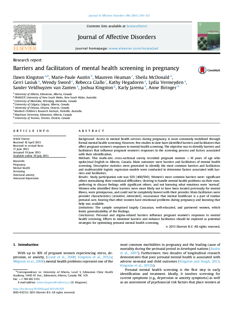 Barriers and facilitators of mental health screening in pregnancy