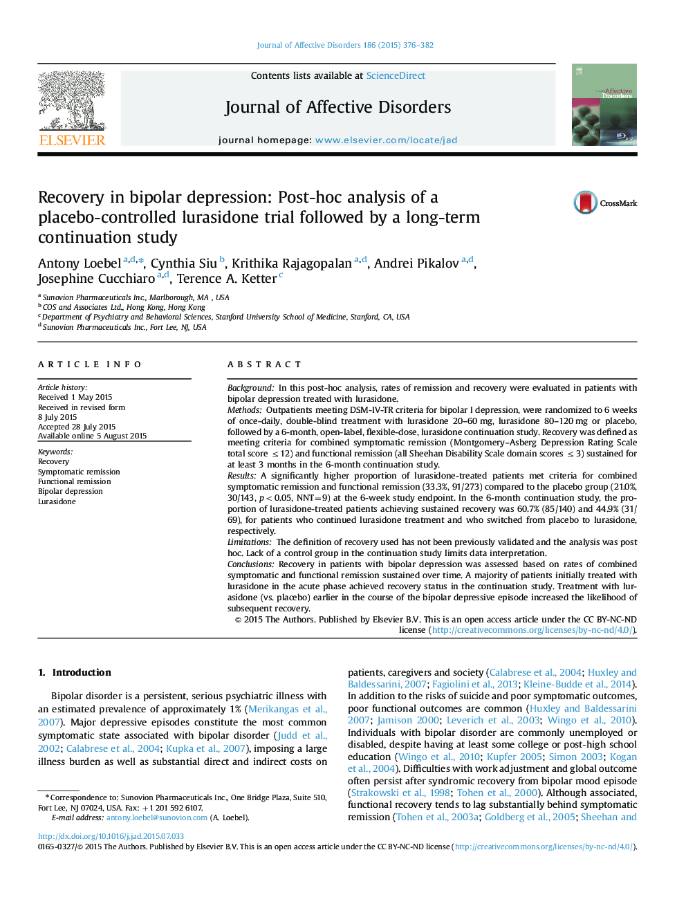 Recovery in bipolar depression: Post-hoc analysis of a placebo-controlled lurasidone trial followed by a long-term continuation study