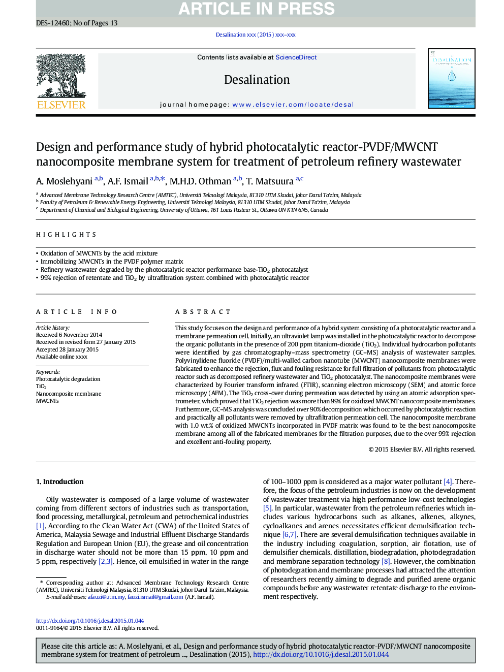 Design and performance study of hybrid photocatalytic reactor-PVDF/MWCNT nanocomposite membrane system for treatment of petroleum refinery wastewater