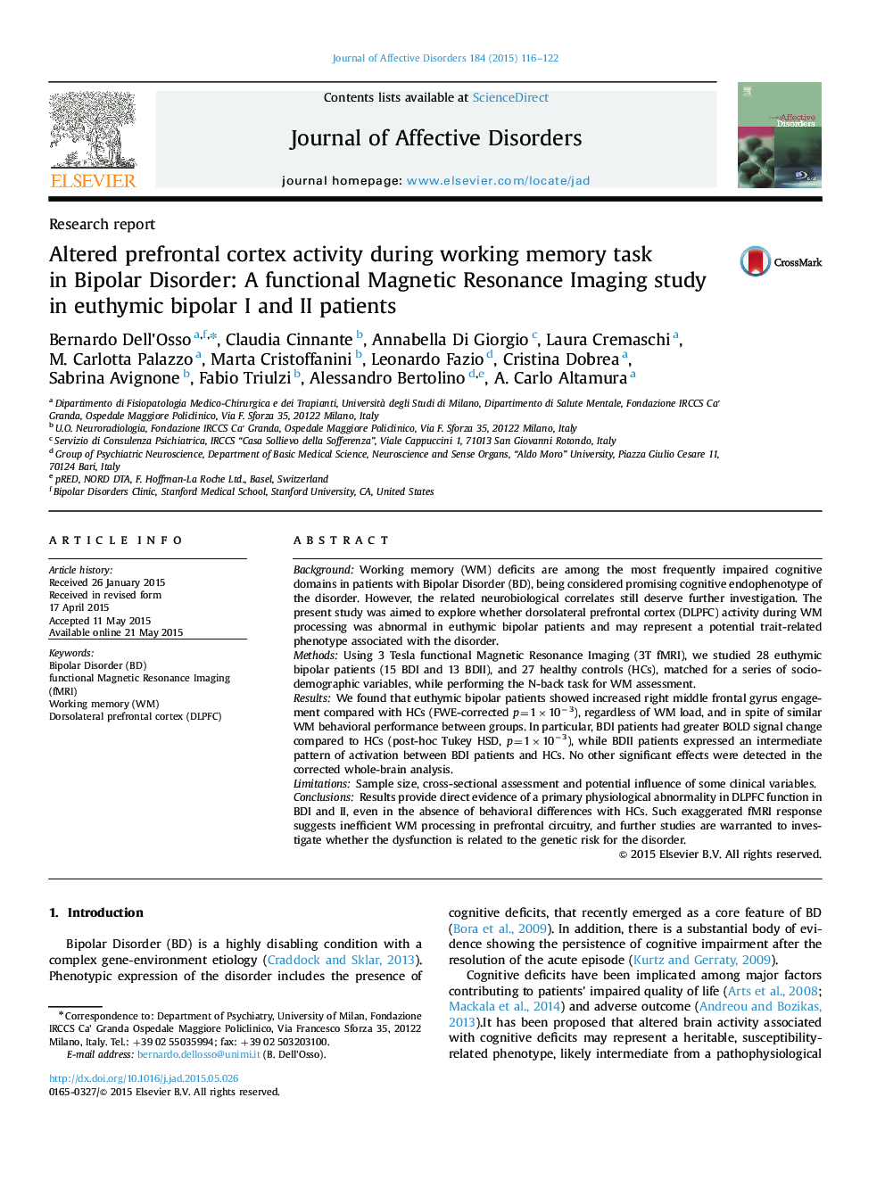 Altered prefrontal cortex activity during working memory task in Bipolar Disorder: A functional Magnetic Resonance Imaging study in euthymic bipolar I and II patients