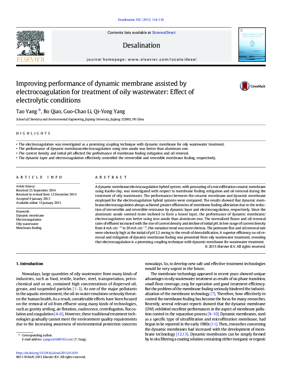 Improving performance of dynamic membrane assisted by electrocoagulation for treatment of oily wastewater: Effect of electrolytic conditions