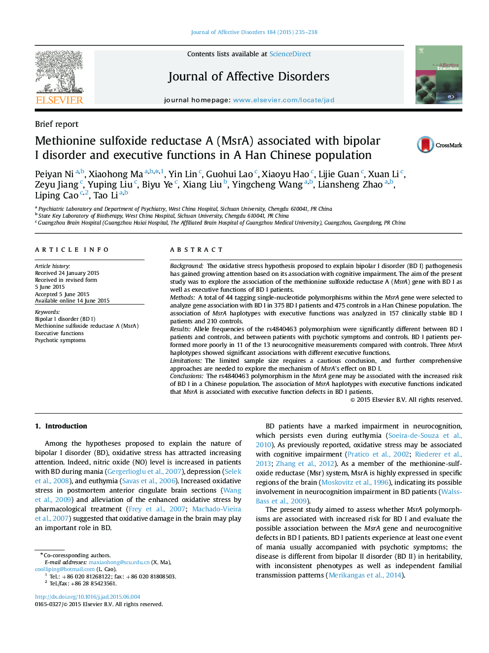 Methionine sulfoxide reductase A (MsrA) associated with bipolar I disorder and executive functions in A Han Chinese population