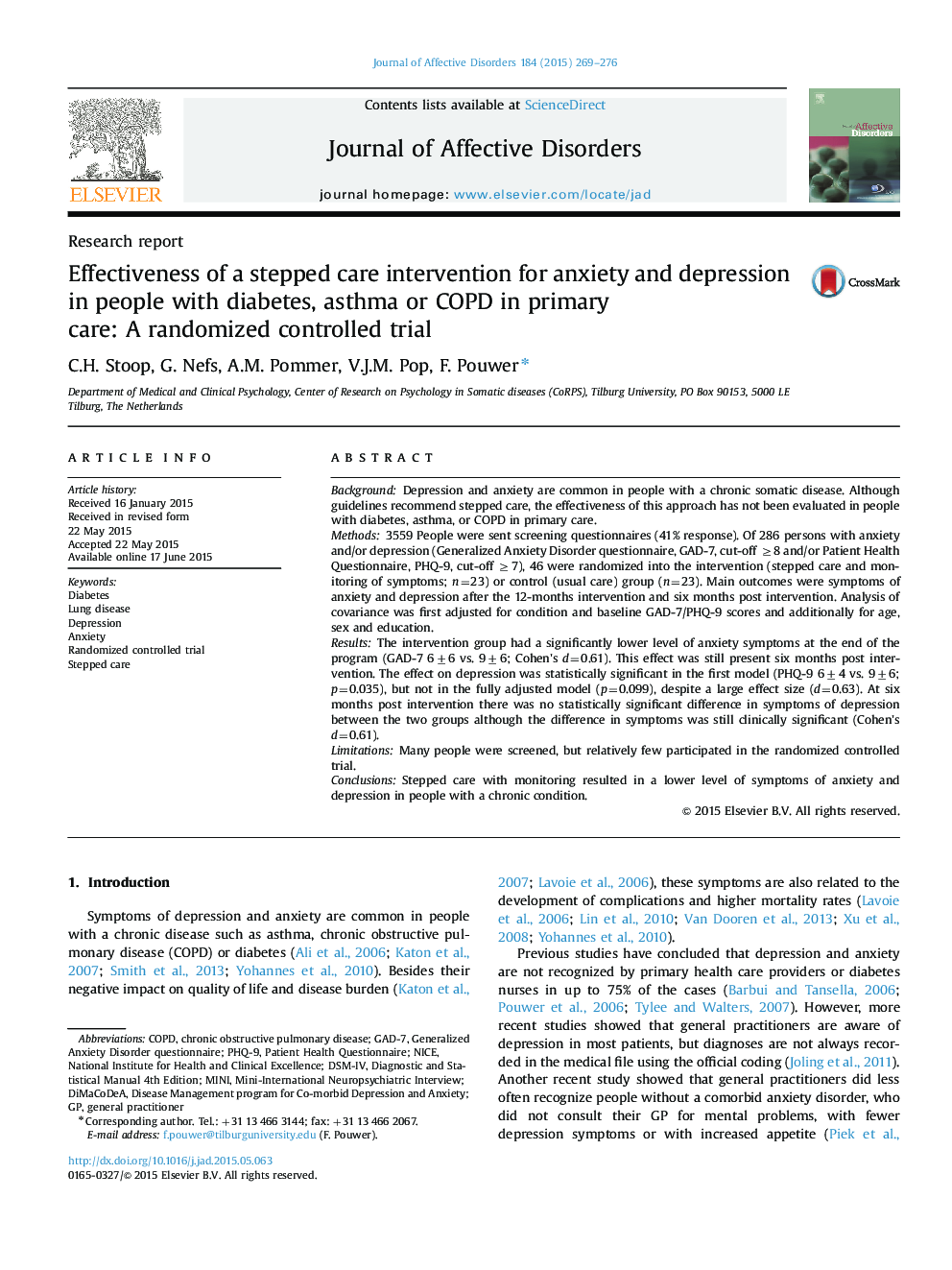 Effectiveness of a stepped care intervention for anxiety and depression in people with diabetes, asthma or COPD in primary care: A randomized controlled trial