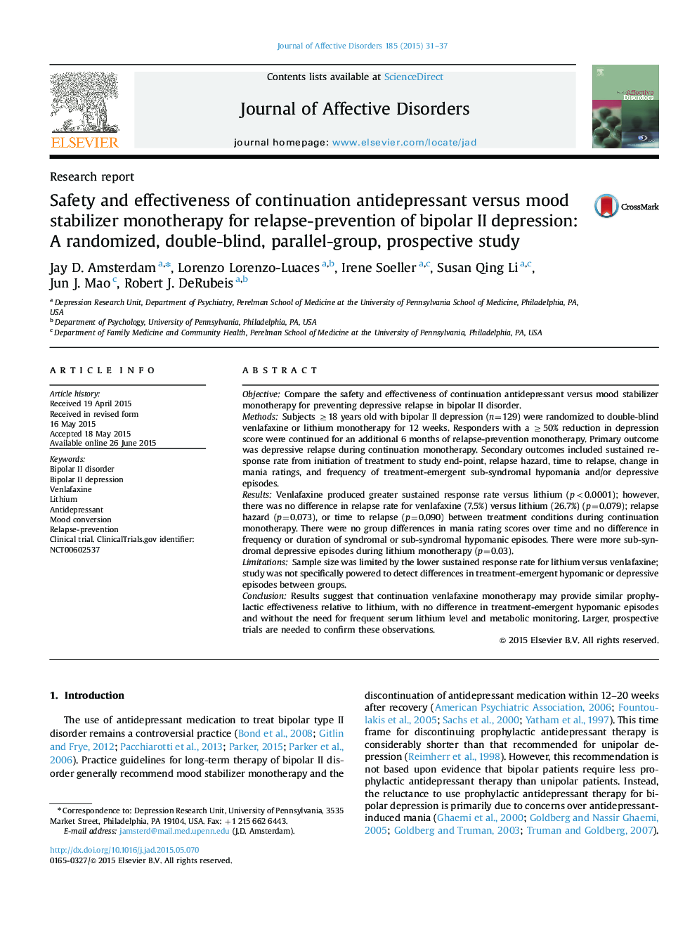 Safety and effectiveness of continuation antidepressant versus mood stabilizer monotherapy for relapse-prevention of bipolar II depression: A randomized, double-blind, parallel-group, prospective study