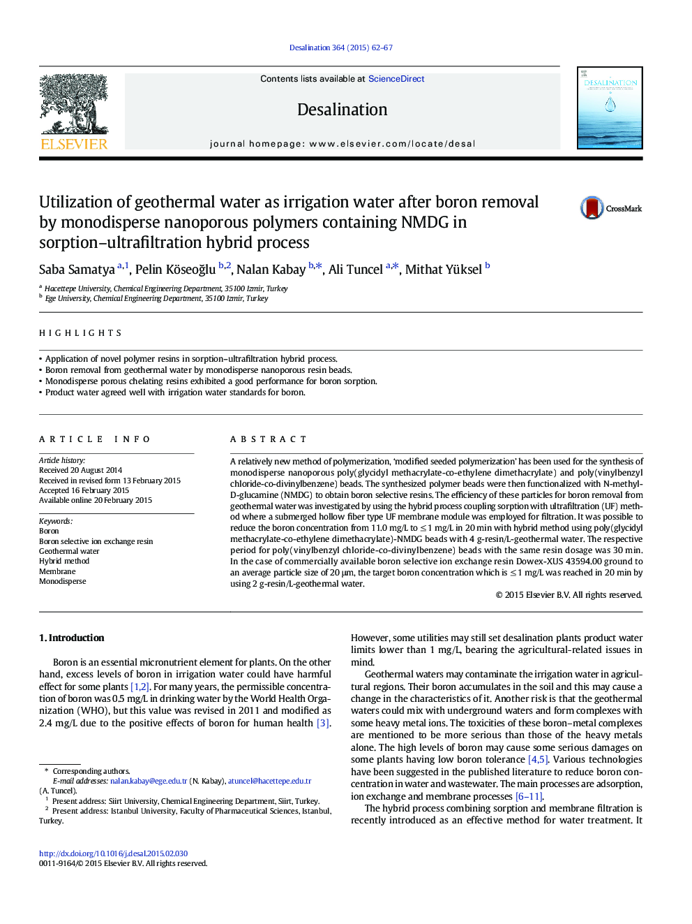 Utilization of geothermal water as irrigation water after boron removal by monodisperse nanoporous polymers containing NMDG in sorption-ultrafiltration hybrid process