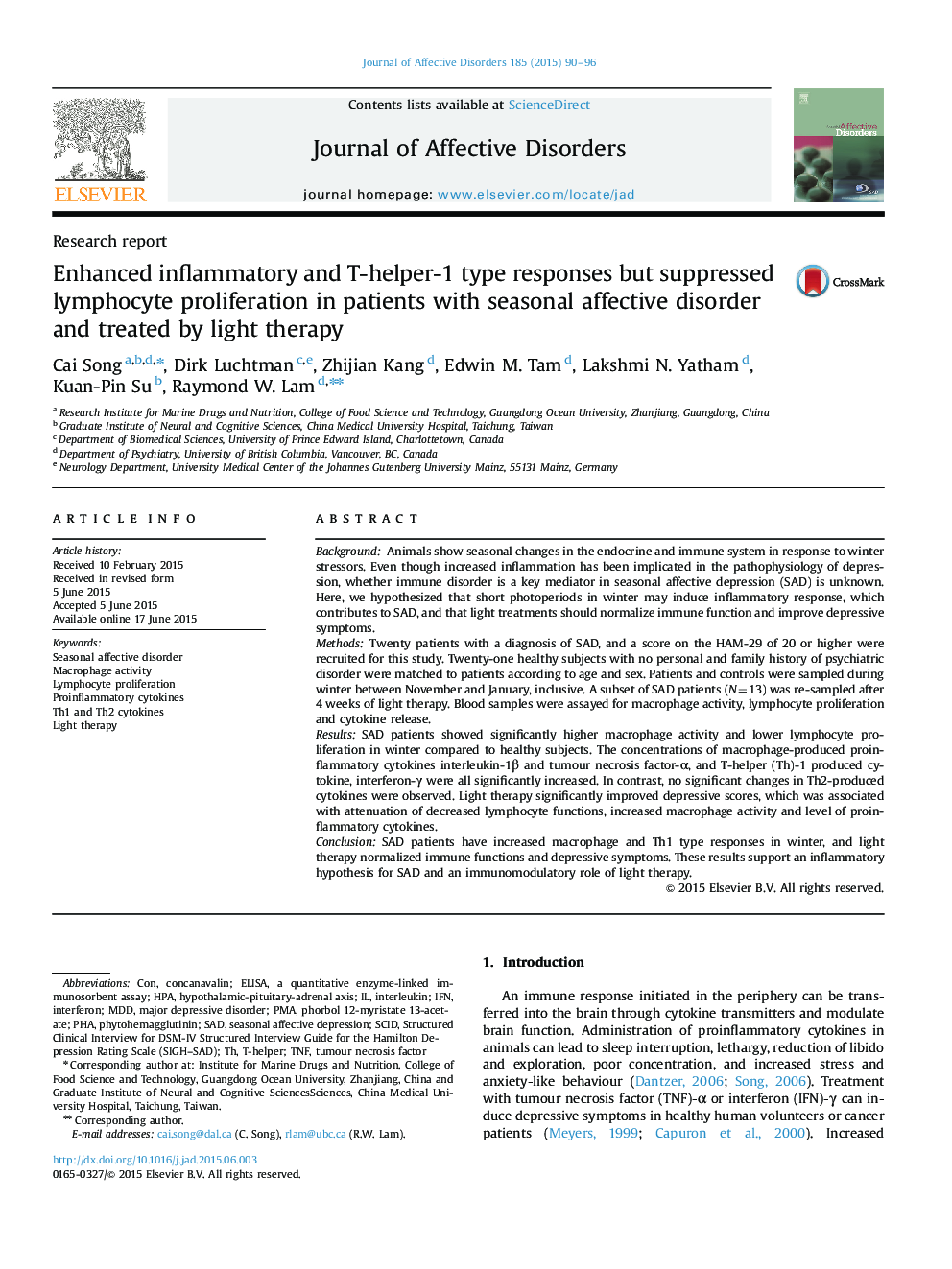 Enhanced inflammatory and T-helper-1 type responses but suppressed lymphocyte proliferation in patients with seasonal affective disorder and treated by light therapy