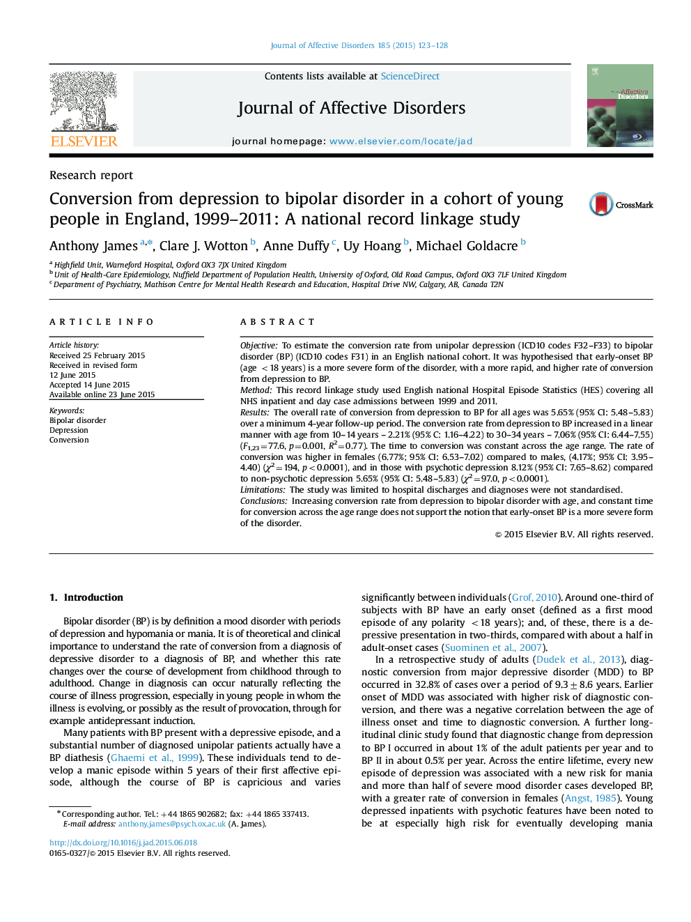 Research reportConversion from depression to bipolar disorder in a cohort of young people in England, 1999-2011: A national record linkage study