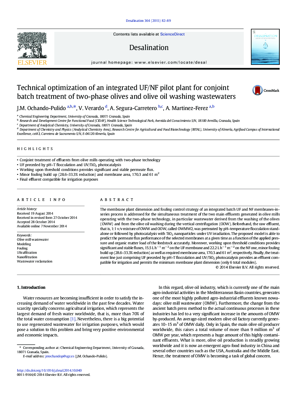 Technical optimization of an integrated UF/NF pilot plant for conjoint batch treatment of two-phase olives and olive oil washing wastewaters