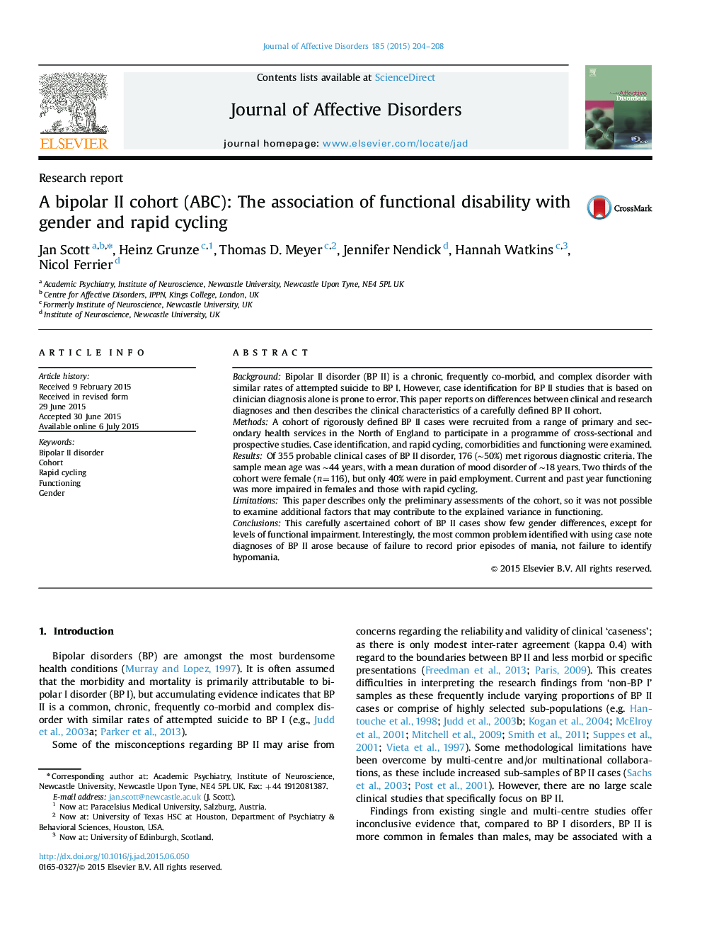 A bipolar II cohort (ABC): The association of functional disability with gender and rapid cycling