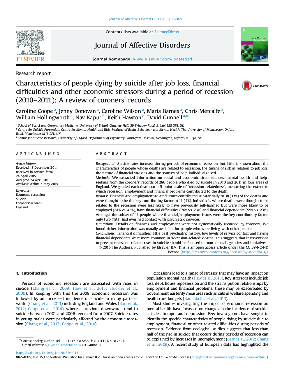 Characteristics of people dying by suicide after job loss, financial difficulties and other economic stressors during a period of recession (2010-2011): A review of coroners×³ records