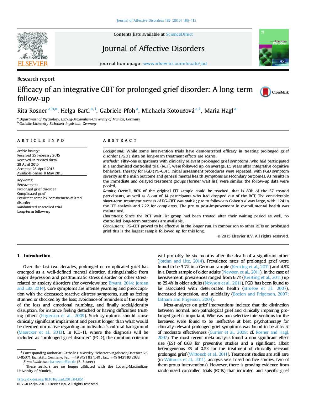 Efficacy of an integrative CBT for prolonged grief disorder: A long-term follow-up