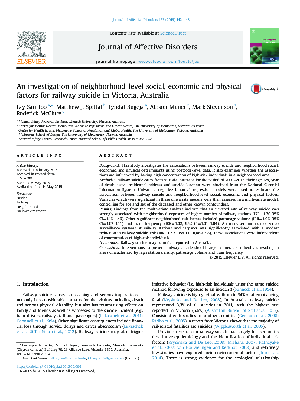 An investigation of neighborhood-level social, economic and physical factors for railway suicide in Victoria, Australia