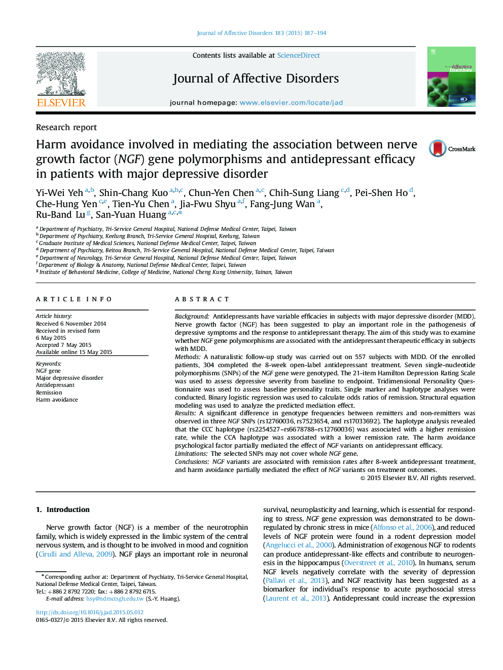 Harm avoidance involved in mediating the association between nerve growth factor (NGF) gene polymorphisms and antidepressant efficacy in patients with major depressive disorder