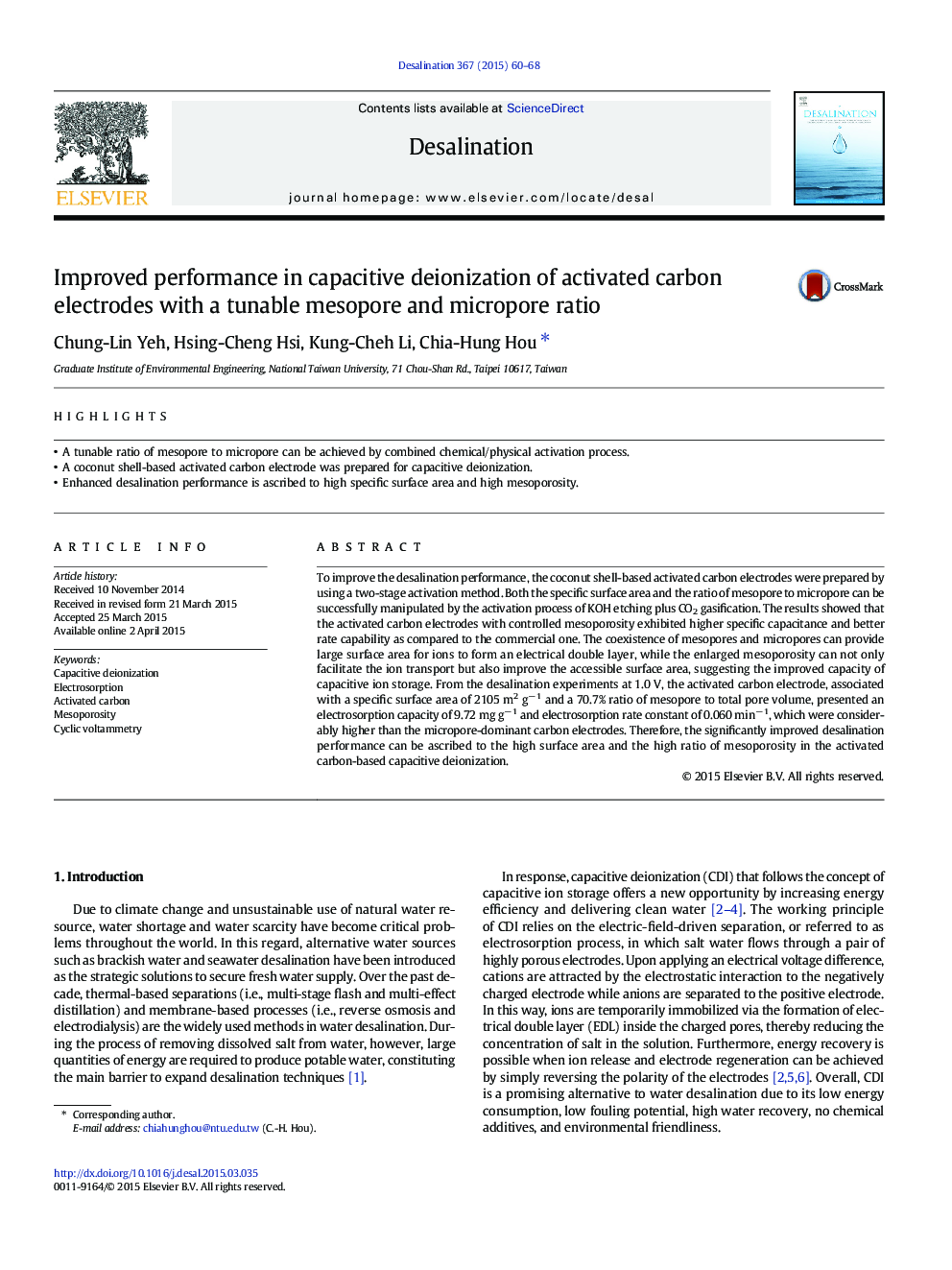 Improved performance in capacitive deionization of activated carbon electrodes with a tunable mesopore and micropore ratio