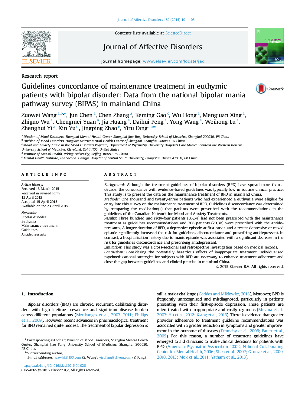 Guidelines concordance of maintenance treatment in euthymic patients with bipolar disorder: Data from the national bipolar mania pathway survey (BIPAS) in mainland China