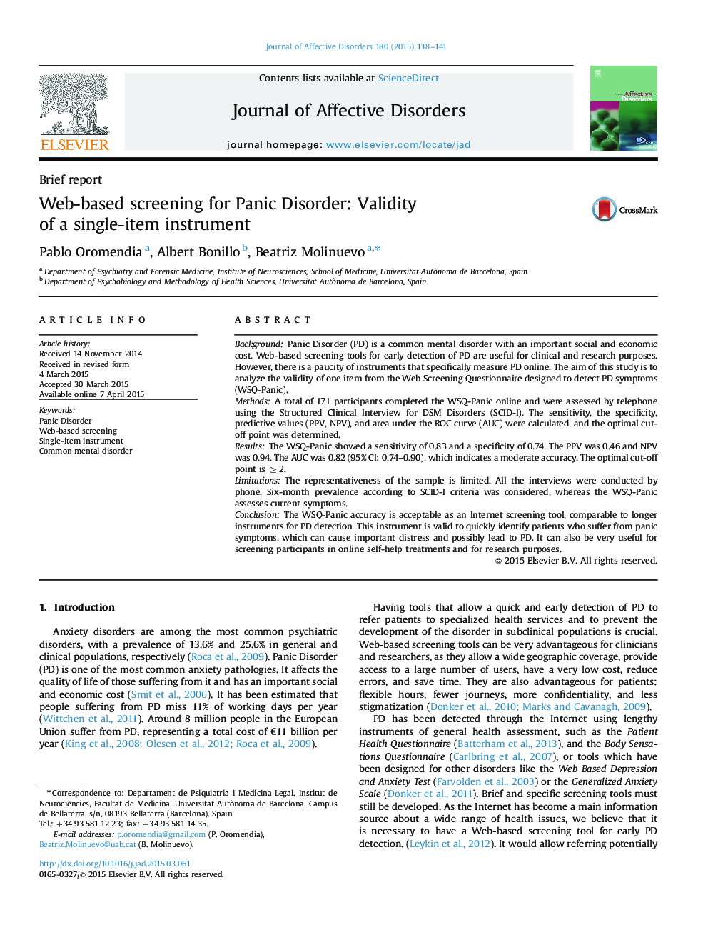 Web-based screening for Panic Disorder: Validity of a single-item instrument