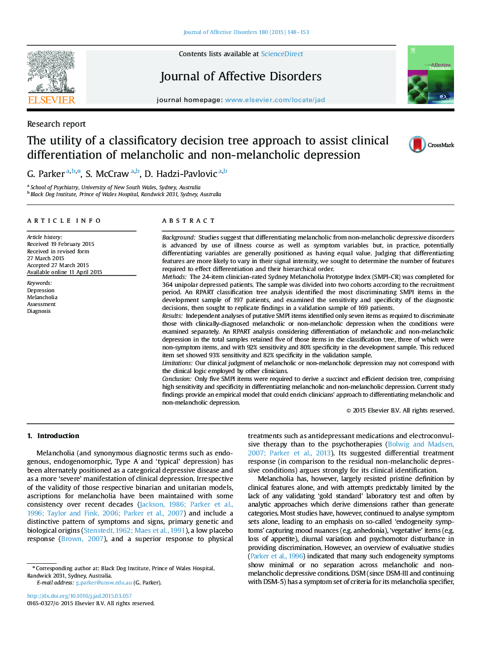 The utility of a classificatory decision tree approach to assist clinical differentiation of melancholic and non-melancholic depression