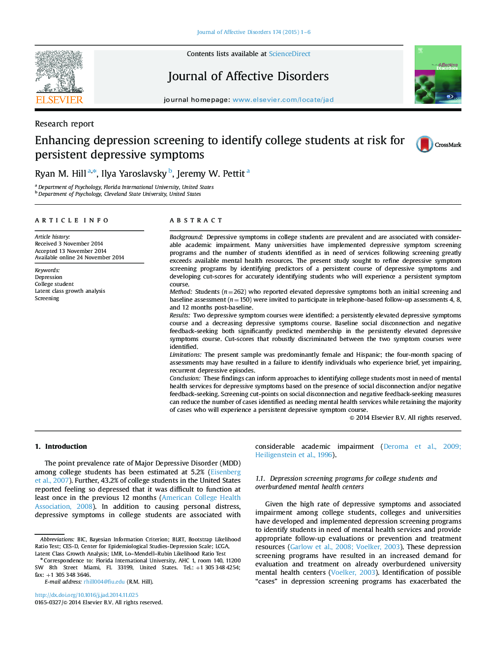 Enhancing depression screening to identify college students at risk for persistent depressive symptoms