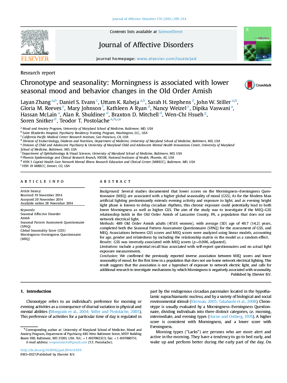 Chronotype and seasonality: Morningness is associated with lower seasonal mood and behavior changes in the Old Order Amish