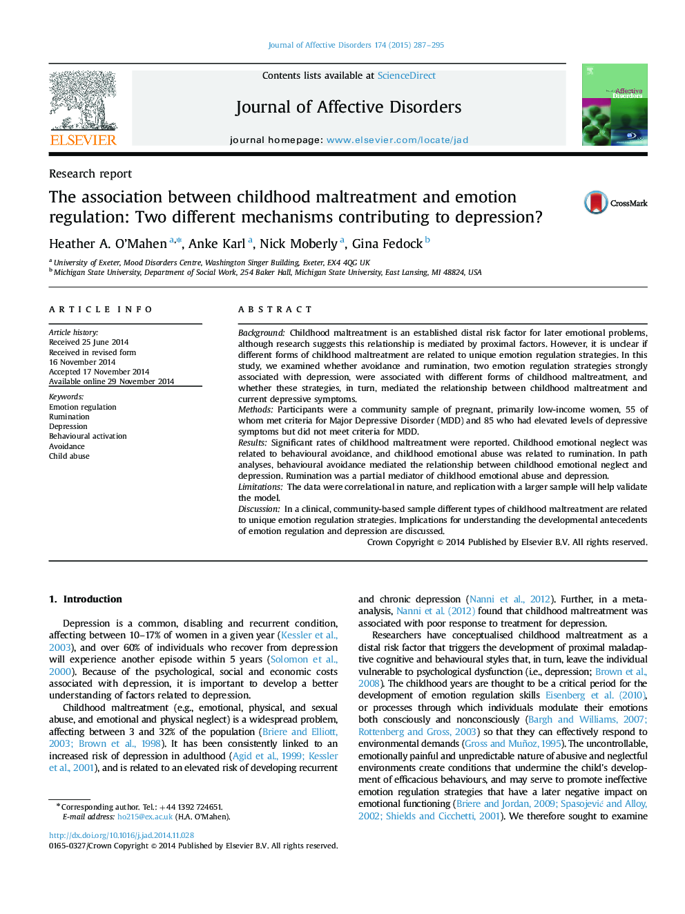 The association between childhood maltreatment and emotion regulation: Two different mechanisms contributing to depression?