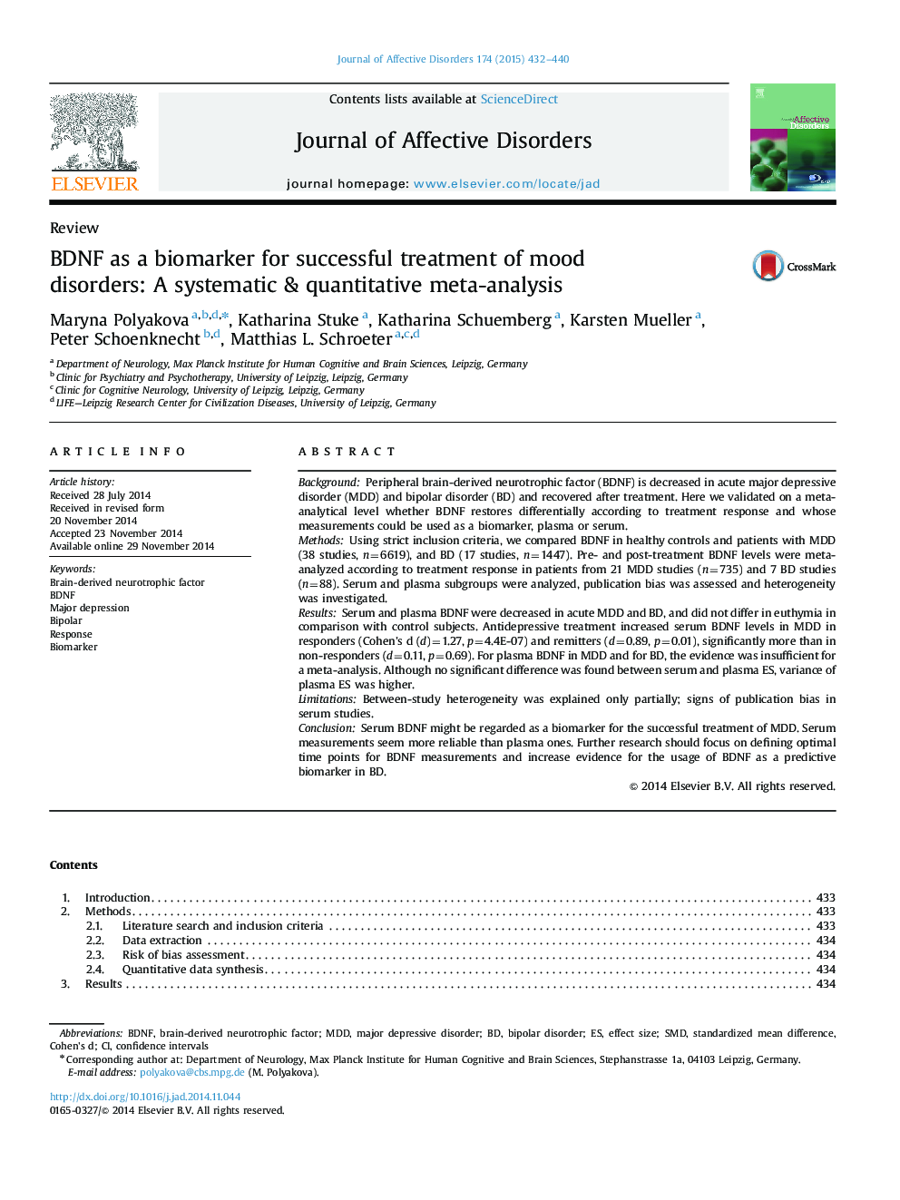 BDNF as a biomarker for successful treatment of mood disorders: A systematic & quantitative meta-analysis