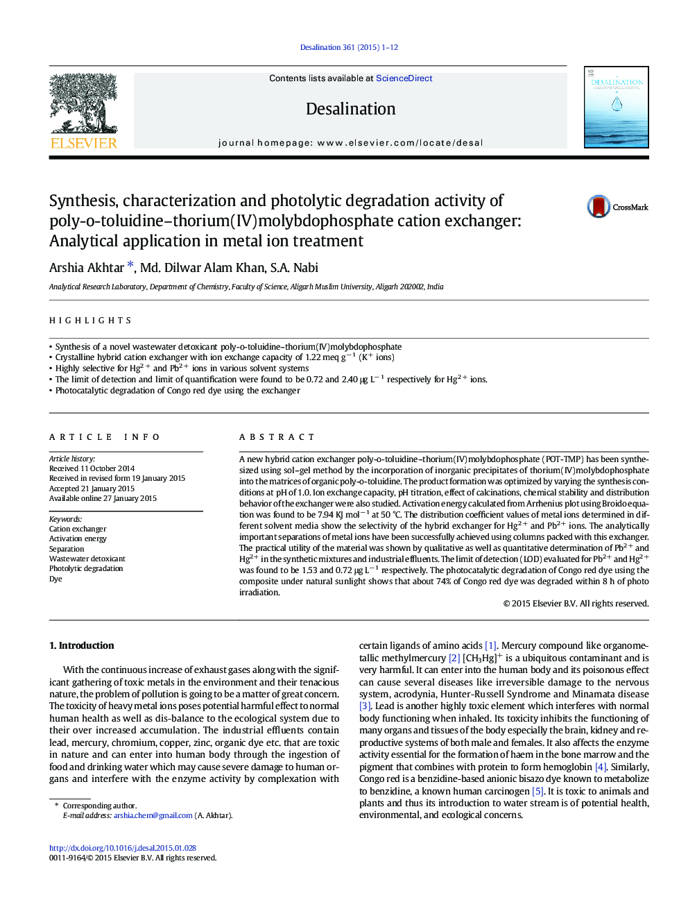 Synthesis, characterization and photolytic degradation activity of poly-o-toluidine–thorium(IV)molybdophosphate cation exchanger: Analytical application in metal ion treatment