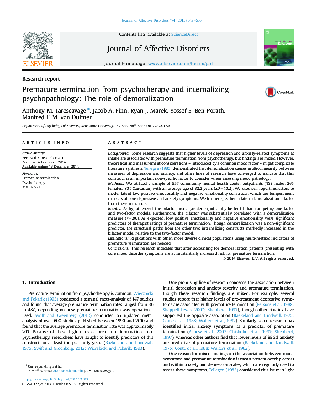 Premature termination from psychotherapy and internalizing psychopathology: The role of demoralization