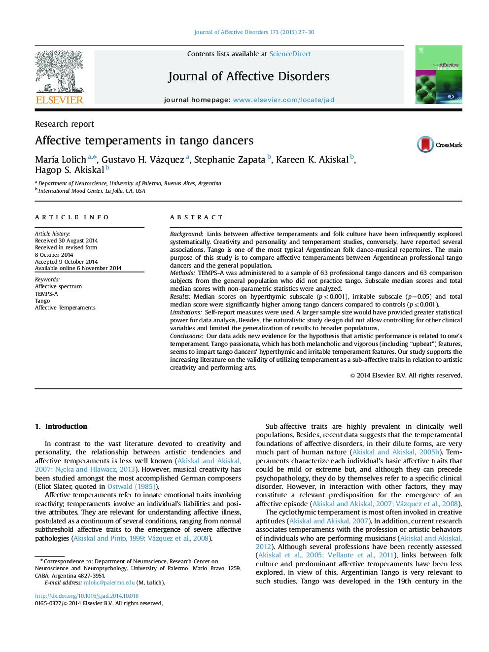 Affective temperaments in tango dancers