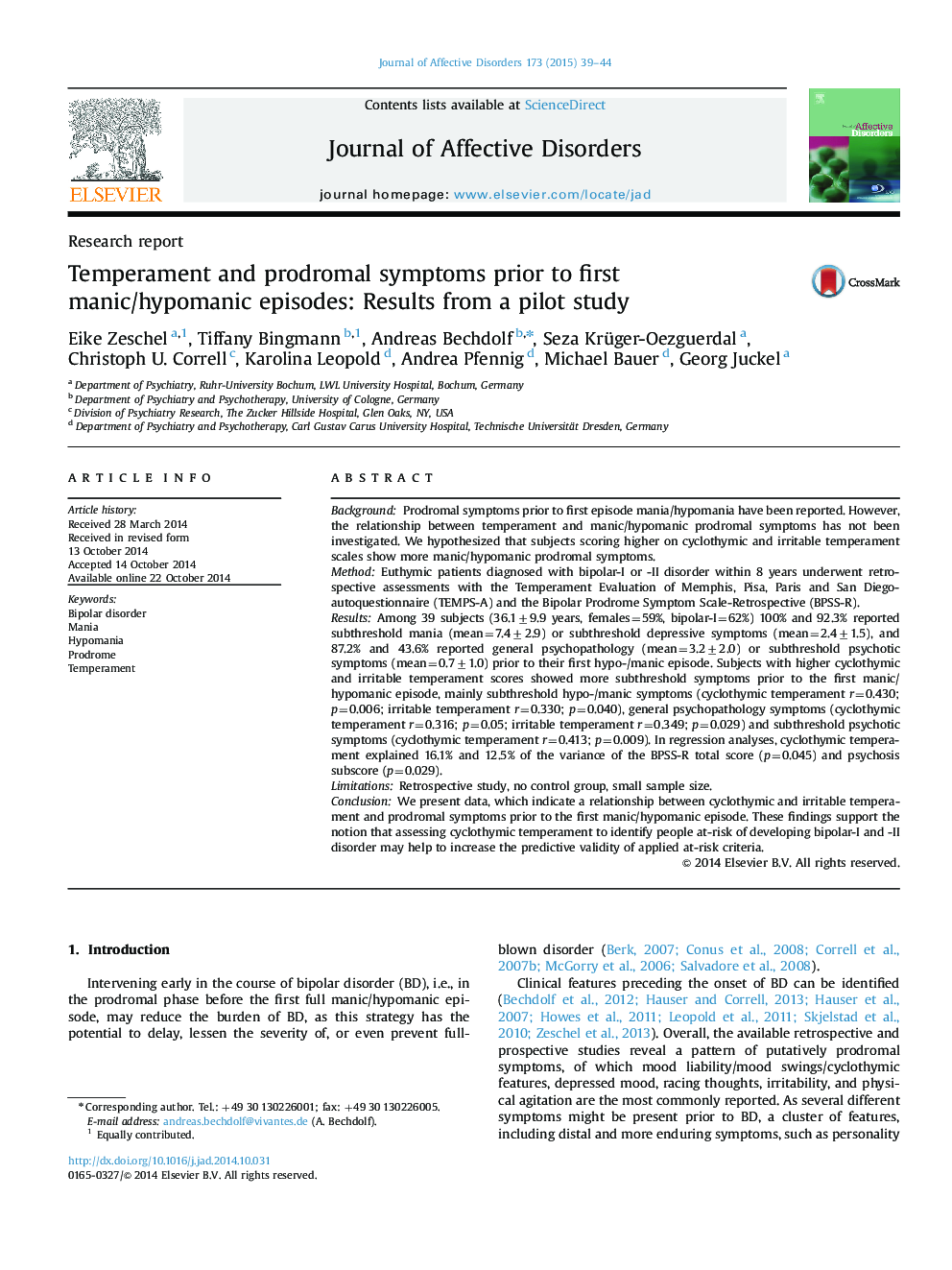 Temperament and prodromal symptoms prior to first manic/hypomanic episodes: Results from a pilot study