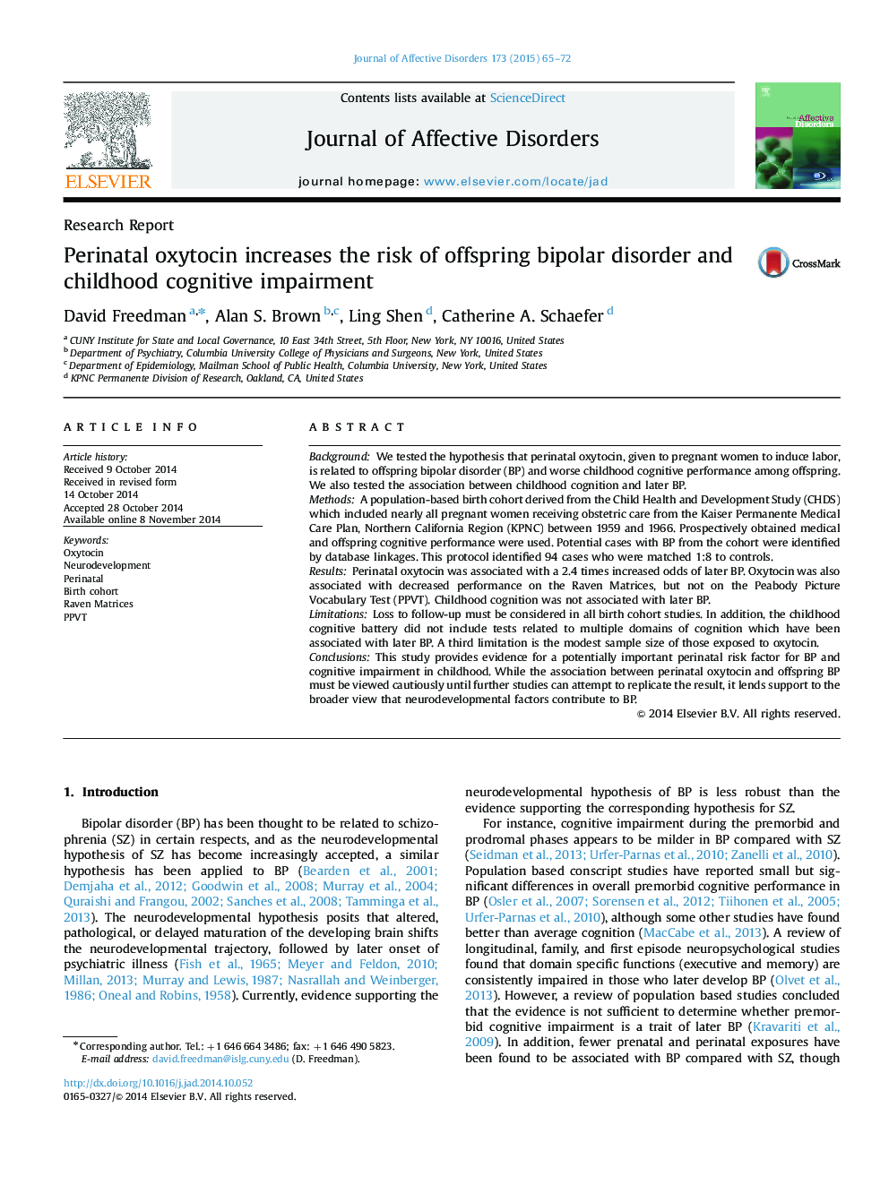 Research ReportPerinatal oxytocin increases the risk of offspring bipolar disorder and childhood cognitive impairment