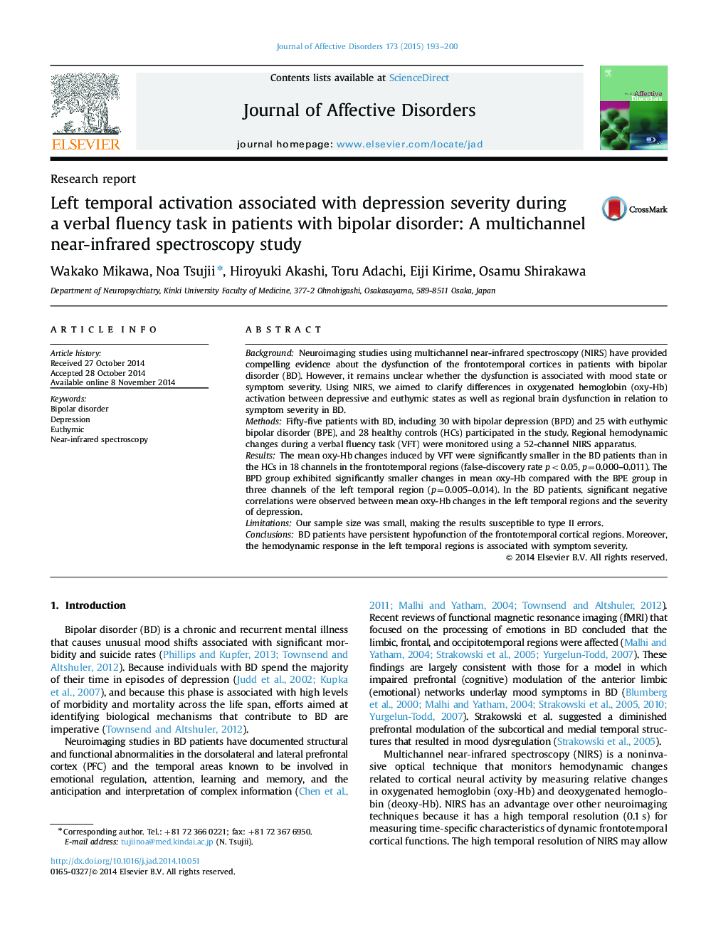 Left temporal activation associated with depression severity during a verbal fluency task in patients with bipolar disorder: A multichannel near-infrared spectroscopy study