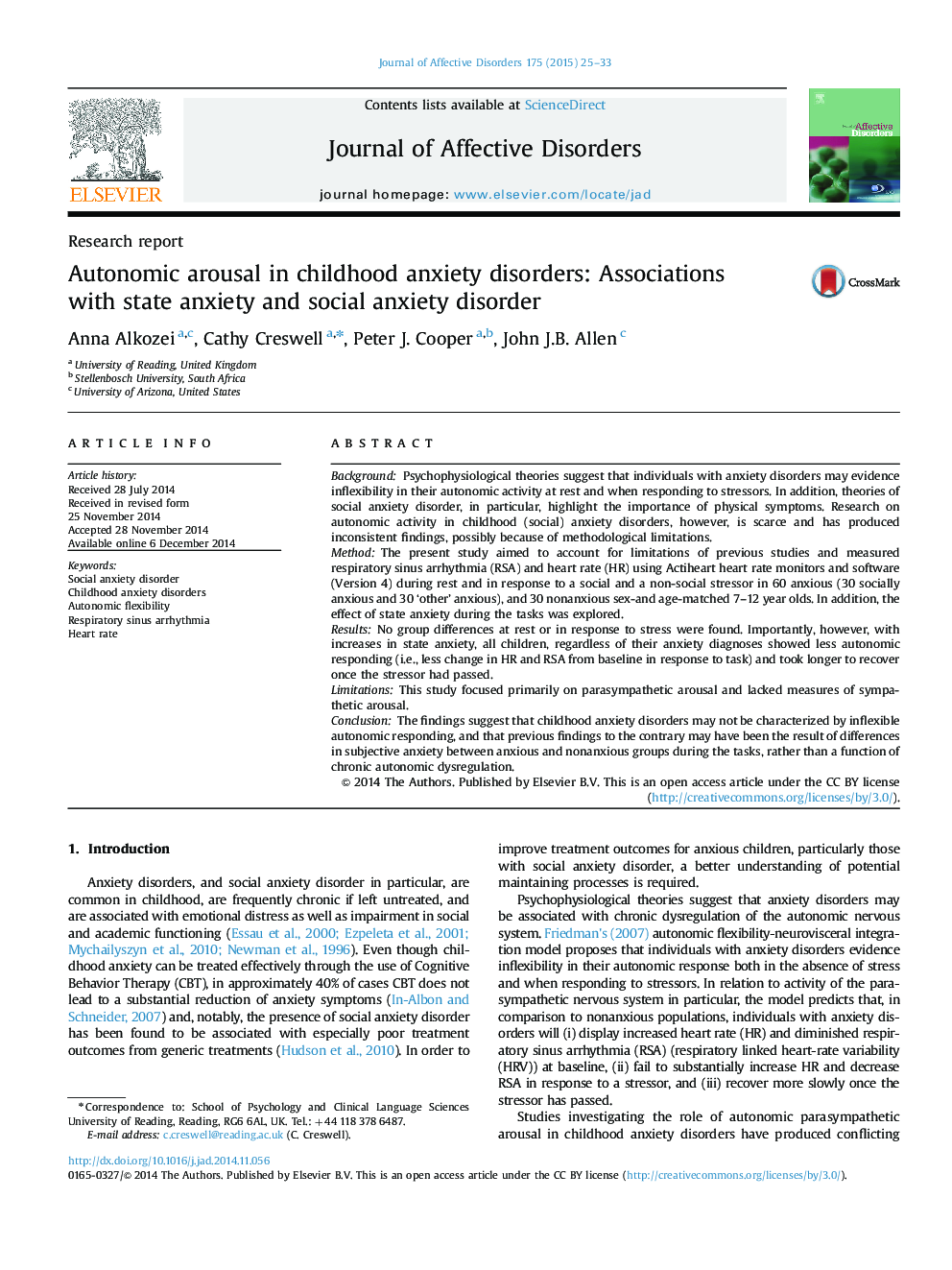 Autonomic arousal in childhood anxiety disorders: Associations with state anxiety and social anxiety disorder