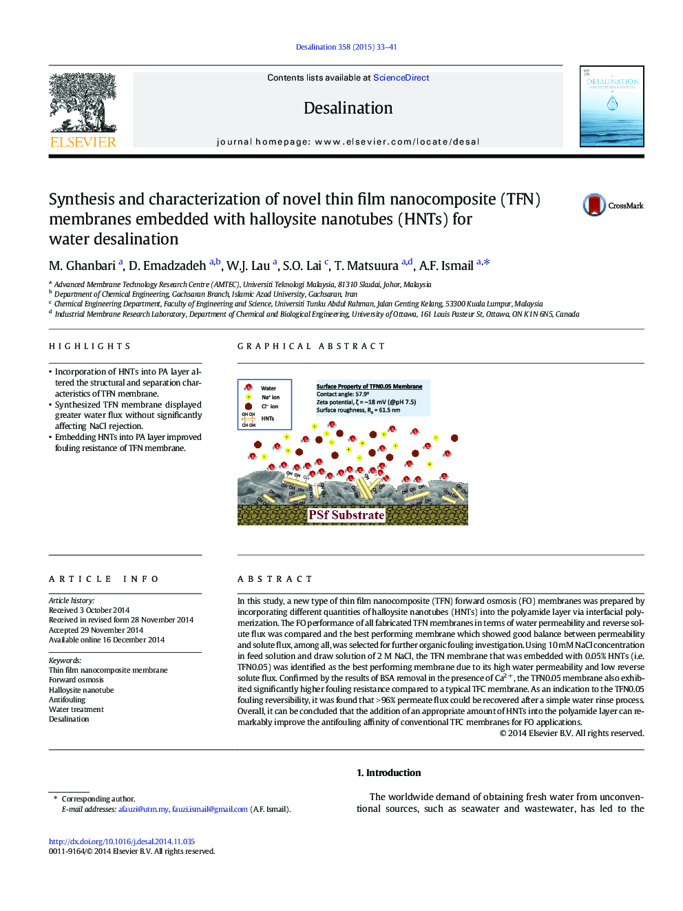 Synthesis and characterization of novel thin film nanocomposite (TFN) membranes embedded with halloysite nanotubes (HNTs) for water desalination