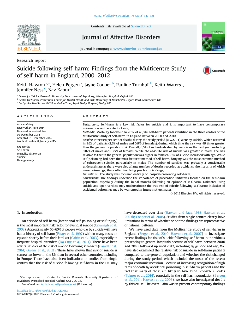 Suicide following self-harm: Findings from the Multicentre Study of self-harm in England, 2000-2012