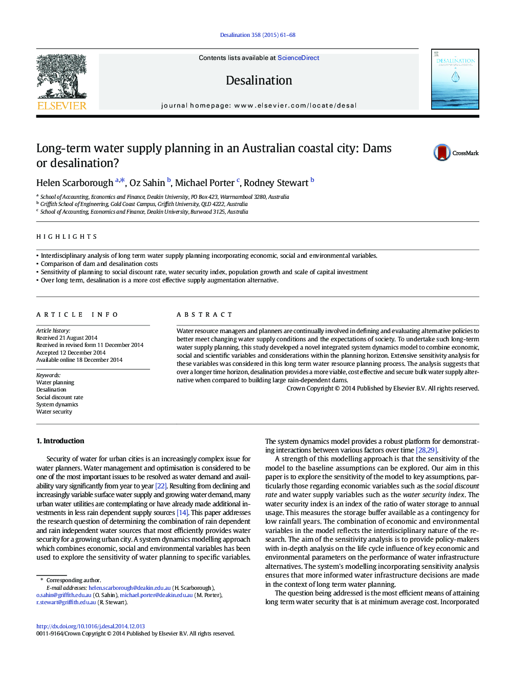 Long-term water supply planning in an Australian coastal city: Dams or desalination?