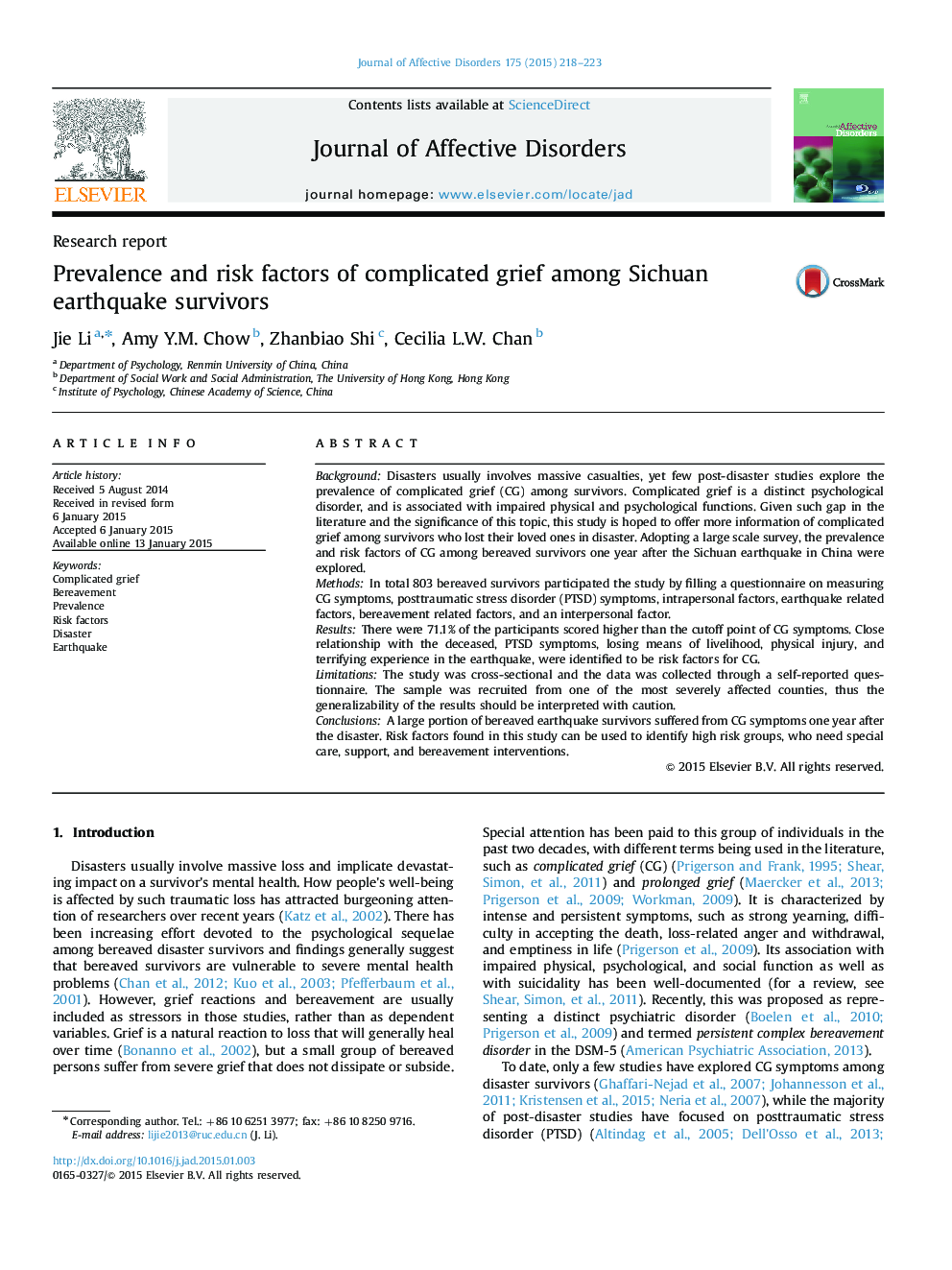 Prevalence and risk factors of complicated grief among Sichuan earthquake survivors