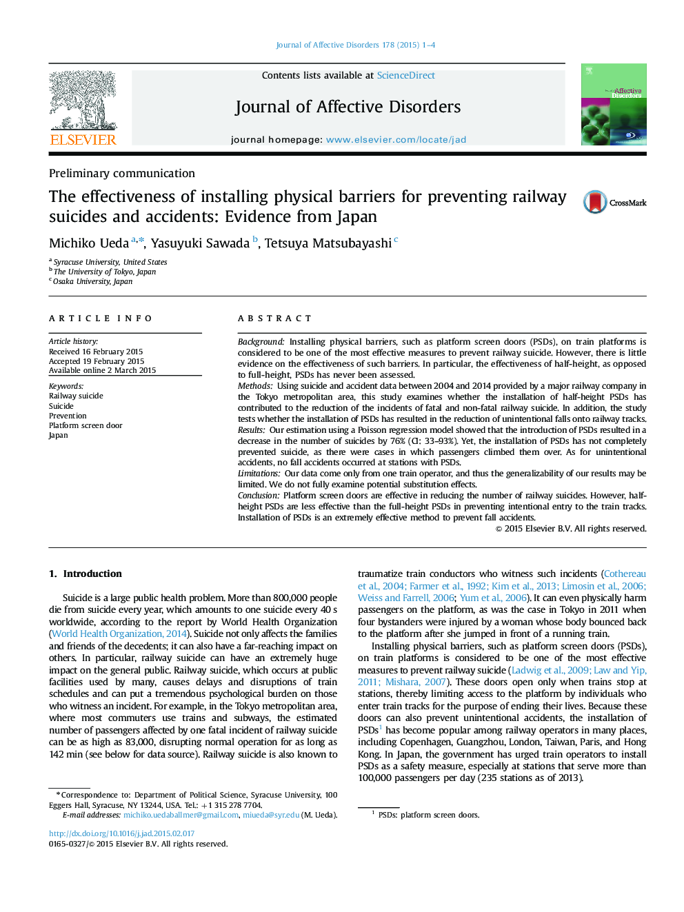 The effectiveness of installing physical barriers for preventing railway suicides and accidents: Evidence from Japan